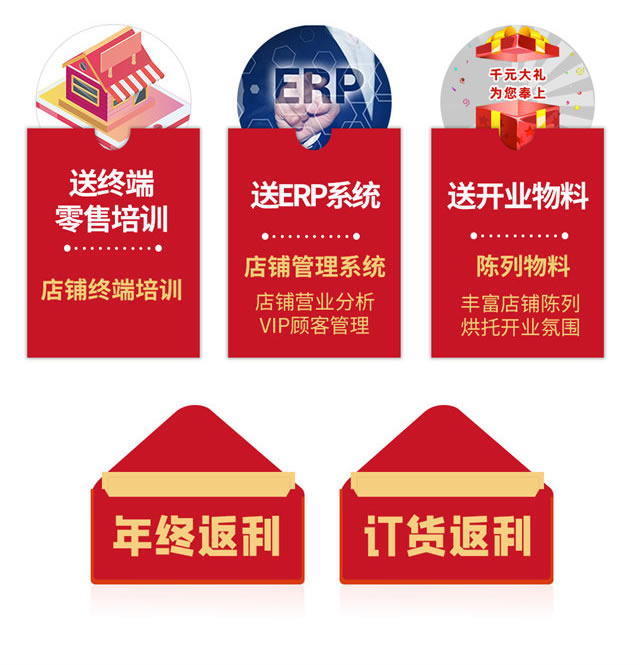 送道具、送形象標(biāo)識(shí)、送終端零售培訓(xùn)、送ERP系統(tǒng)、送開業(yè)開業(yè)物料、年終返利訂、貨會(huì)返利